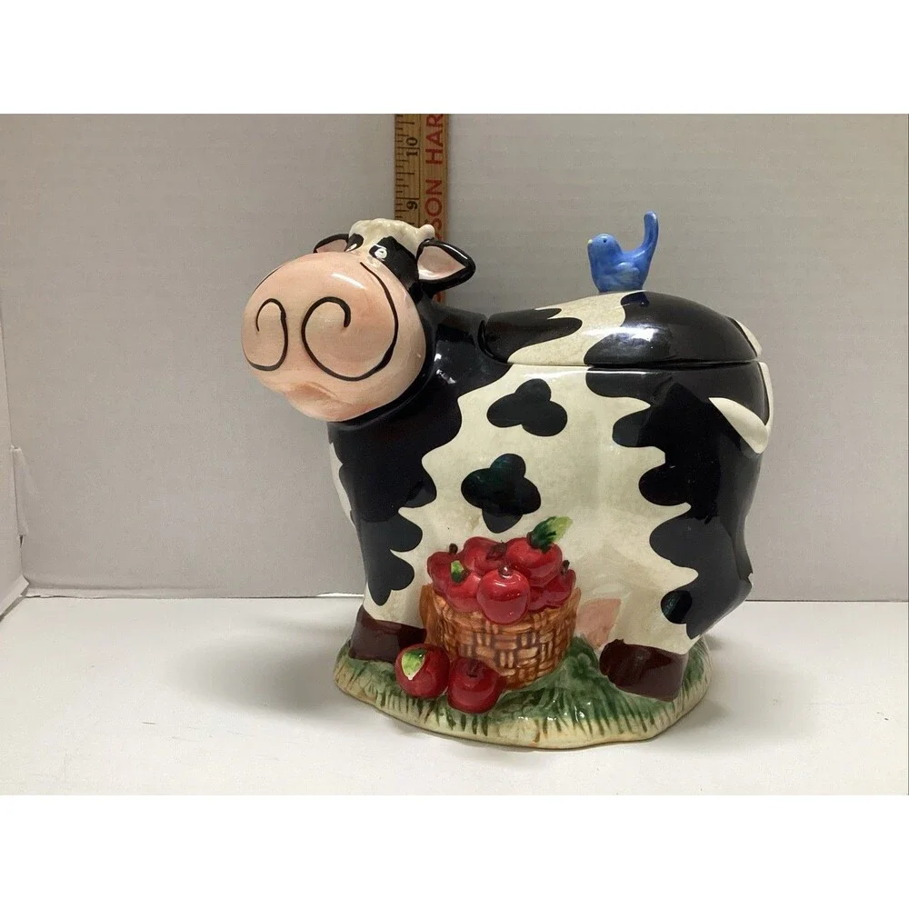 vintage GKRO ceramic cow cookie jar blue bird apples